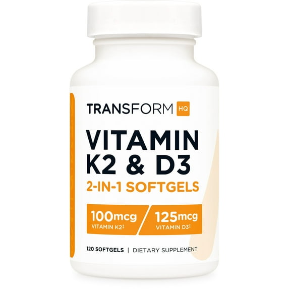 TransformHQ Vitamin K2 (MK7) (100mcg) + Vitamin D3 (5000 IU) 120 Softgels - Gluten Free and Non-GMO