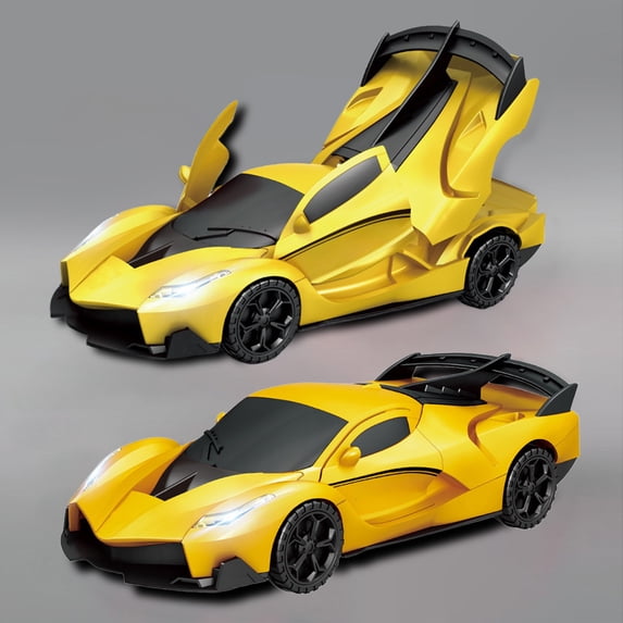 Transformable Car Toy Auto Rotating Stunt Vehicle Light Sound Effects Racing Model Boys Gift(Yellow)