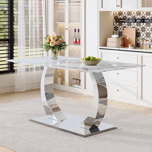 Transformable Heavy-Duty Stainless Steel Base in Silver 63" x 35" Dining Table Luxury Pandora White Pattern Tempered Glass Rock Top for Kitchen Dining Room
