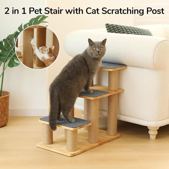 Transformable Pet Stairs with Scratching Post, Solid Wood Dog Steps for High Bed and Couch, 20 Inch Multi-Configuration Pet Ramp Holds 200 lbs