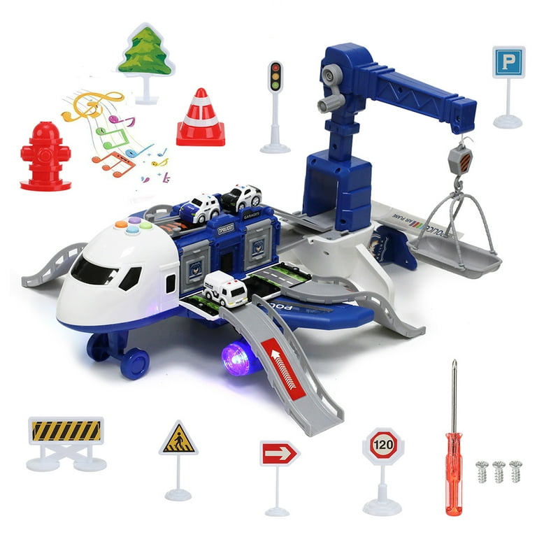 Petbank Transport Cargo Airplane Toy Airplane Sets with 3 Construction Vehicle and Road Signs Detachable Boom Plane Toy with Lights Sounds for Aged 3 8 Boys Girls Gift Blue Walmart