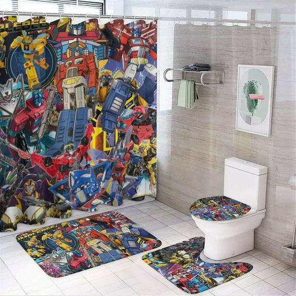 Transformers 4 Pcs Shower Curtain Set with Non-Slip Rug, Toilet Lid Cover and Bath Mat, Colorful Waterproof Shower Curtain with 12 Hooks, Bathroom Decor Accessories 72" x 72"