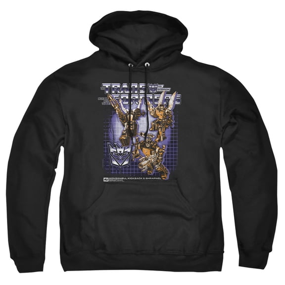 Transformers 40th Anniversary Bombshell, Kickback, Shrapnel Box Adult Pull-Over Hoodie, Black, X-Large