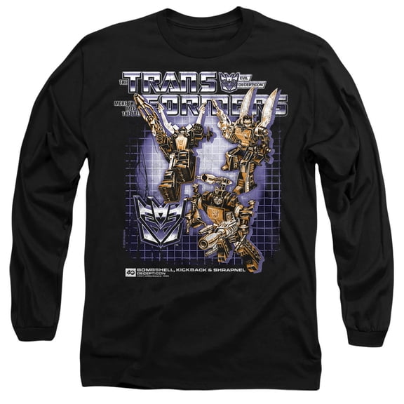 Transformers 40th Anniversary Bombshell, Kickback, Shrapnel Box Unisex Adult Long-Sleeve T Shirt, Black, Medium