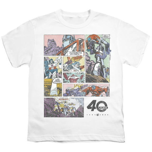 Transformers 40th Anniversary Forty Years of Comics Unisex Youth T Shirt, White, X-Small