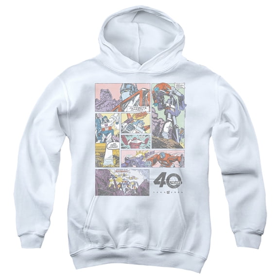 Transformers 40th Anniversary Forty Years of Comics Youth Kids Boy/Girls Pull-Over Hoodie, White, Small