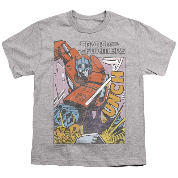 Transformers 40th Anniversary Optimus Comic Crunch Unisex Youth T Shirt, Athletic Heather, Medium