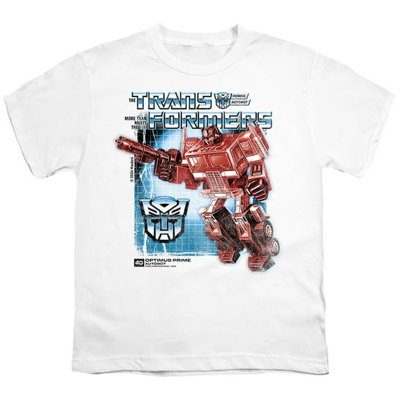 Transformers 40th Anniversary Optimus Prime Box Unisex Youth T Shirt, White, Small