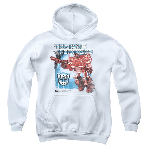 Transformers 40th Anniversary Optimus Prime Box Youth Kids Boy/Girls Pull-Over Hoodie, White, Medium