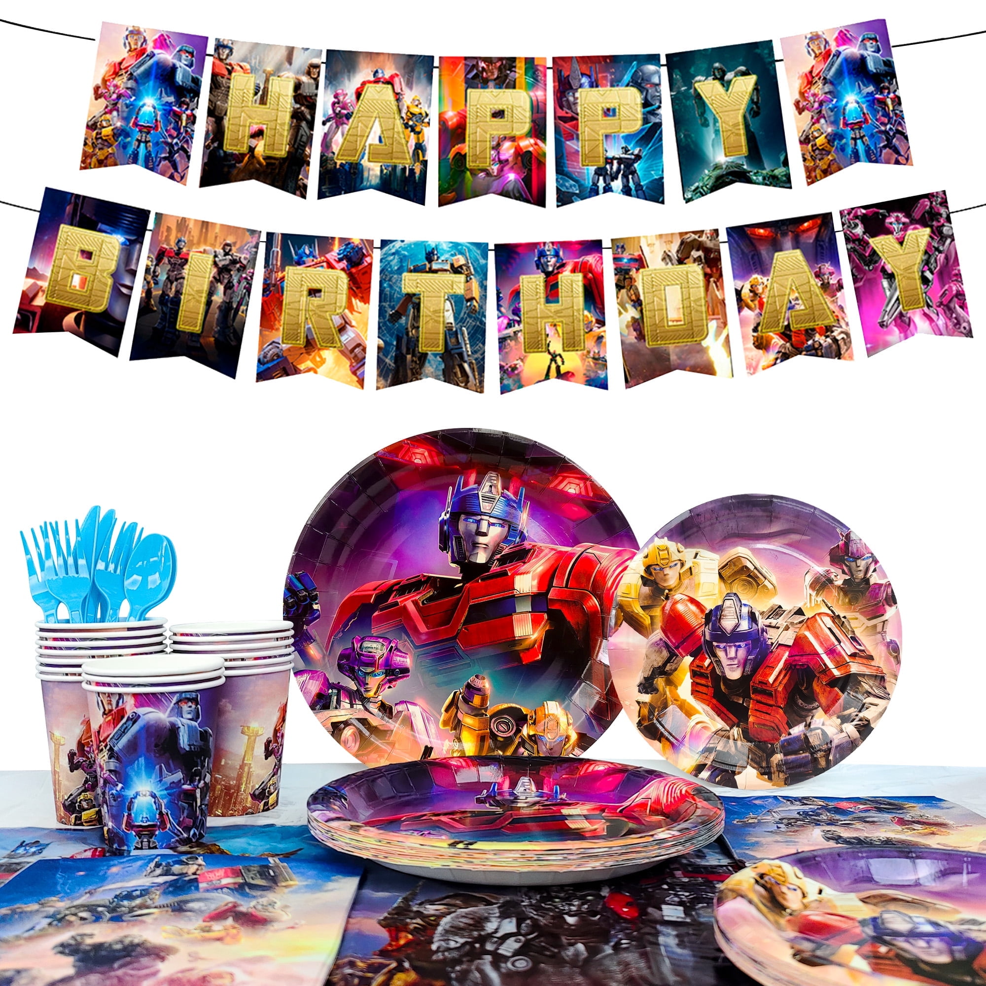 Transformers Birthday Party Decoration Tableware Set, 114 Pcs Transformers Party Supplies Tableware - Transformers Table Cloth Banner Plates Napkins Cups for Transformers Birthday Party Decorations