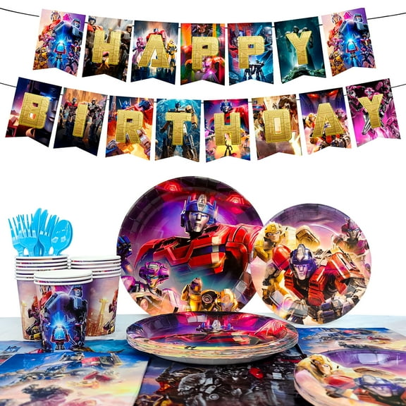 Transformers Birthday Party Decoration Tableware Set, 114 Pcs Transformers Party Supplies Tableware - Transformers Table Cloth Banner Plates Napkins Cups for Transformers Birthday Party Decorations