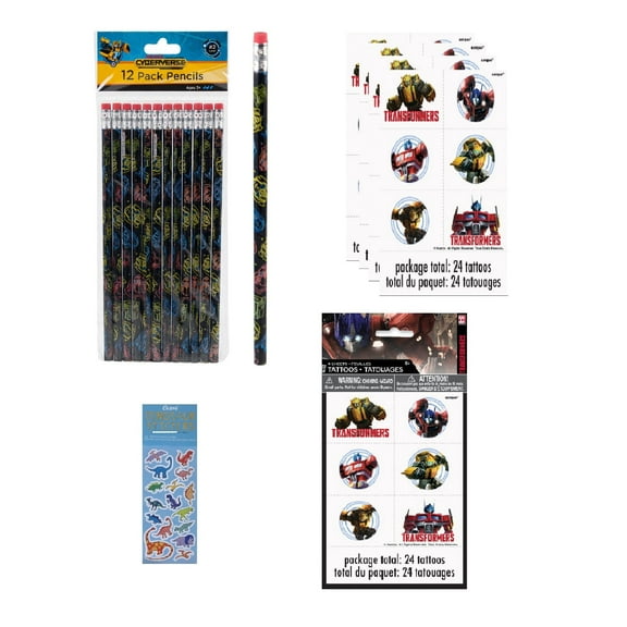 Transformers Birthday Party Supplies Favor School Bundle includes 12 Pencils, 24 Tattoos, 1 Dinosaur Sticker Sheet
