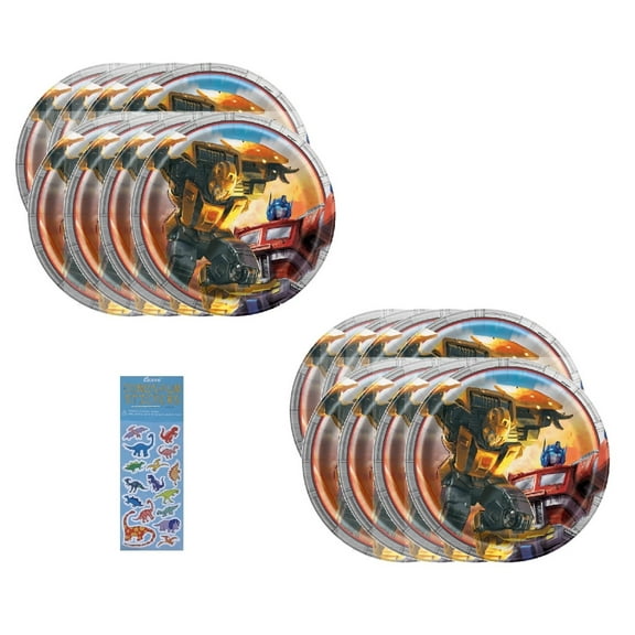 Transformers Birthday Party Supplies Bundles 16 Dessert Paper Plates and 1 Dinosaur Sticker Sheet