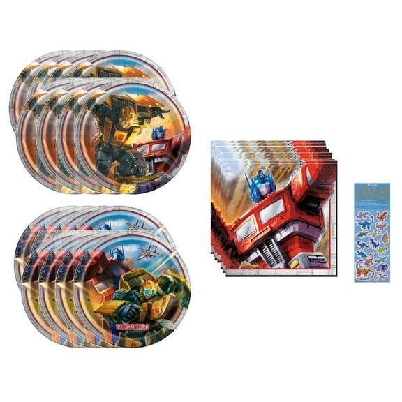 Transformers Birthday Party Supplies Bundles 8 Dessert Cake Paper Plates, 8 Lunch Paper Plates, 16 Lunch Paper Napkins, 1 Dinosaur Sticker Sheet
