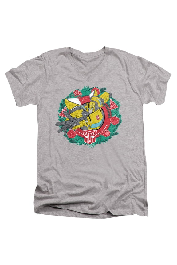 Christmas Bumblebee Holiday Wreath Unisex Adult V-Neck T Shirt (Large) Athletic Heather