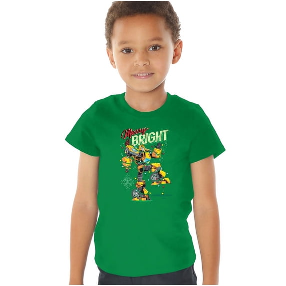 Transformers Christmas Merry And Bright Bumblebee Kids T Shirt (2) for Toddler Boys and Girls, Kelly Green