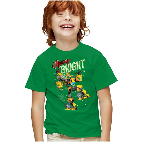 Transformers Christmas Merry And Bright Bumblebee Kids T Shirt for Youth Boys and Girls, Kelly Green, Small