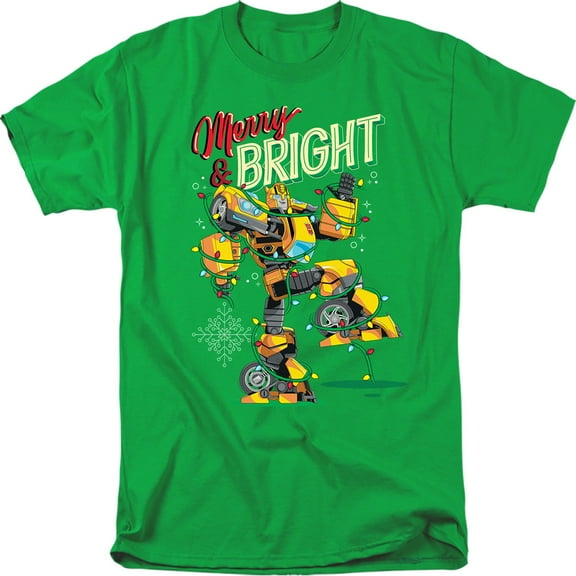 Transformers Christmas Merry And Bright Bumblebee Unisex Adult T Shirt, Kelly Green, Large