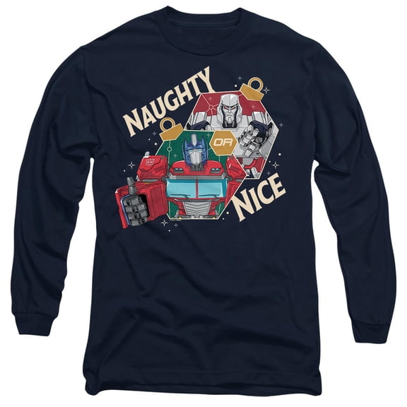 Transformers Christmas Naughty Or Nice Unisex Adult Long-Sleeve T Shirt, Navy, 3X-Large