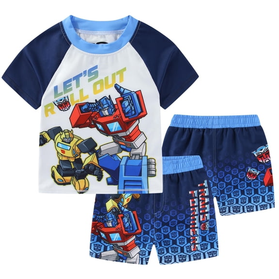 Transformers Optimus Prime Bumblebee UPF 50+ Rash Guard Shirt and Swim Trunks Shorts Swimwear Set Swimsuit (Boys), 2 Piece Set, Sizes 4-12