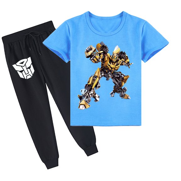 Transformers Printed Cotton Set: Short Sleeve T-shirt and Long Pants for Kids in Summer Outfits