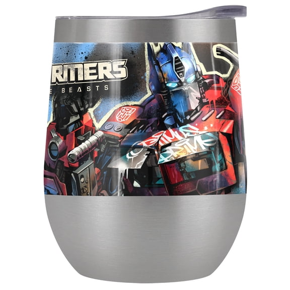 Transformers: Rise of the Beasts Official Prime And Primal Mural 12 oz Silver Stemless Tumbler, Stainless Steel Travel Cup|Lake Tumbler