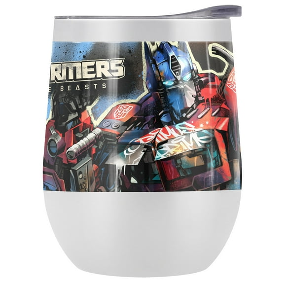 Transformers: Rise of the Beasts Official Prime And Primal Mural 12 oz White Stemless Tumbler, Stainless Steel Travel Cup|Lake Tumbler