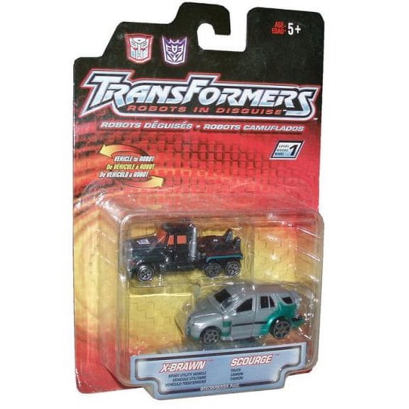 Transformers Robots In Disguise Year 2001 2 Pack 3 Inch Action Figures - Autobot Sport Utility Vehicle X-Brawn and Decepticon Truck Scourge