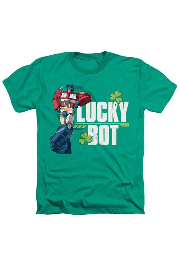 St Patrick's Day Optimus Prime Lucky Bot Unisex Adult Heather T Shirt, Kelly Green Heather, Large