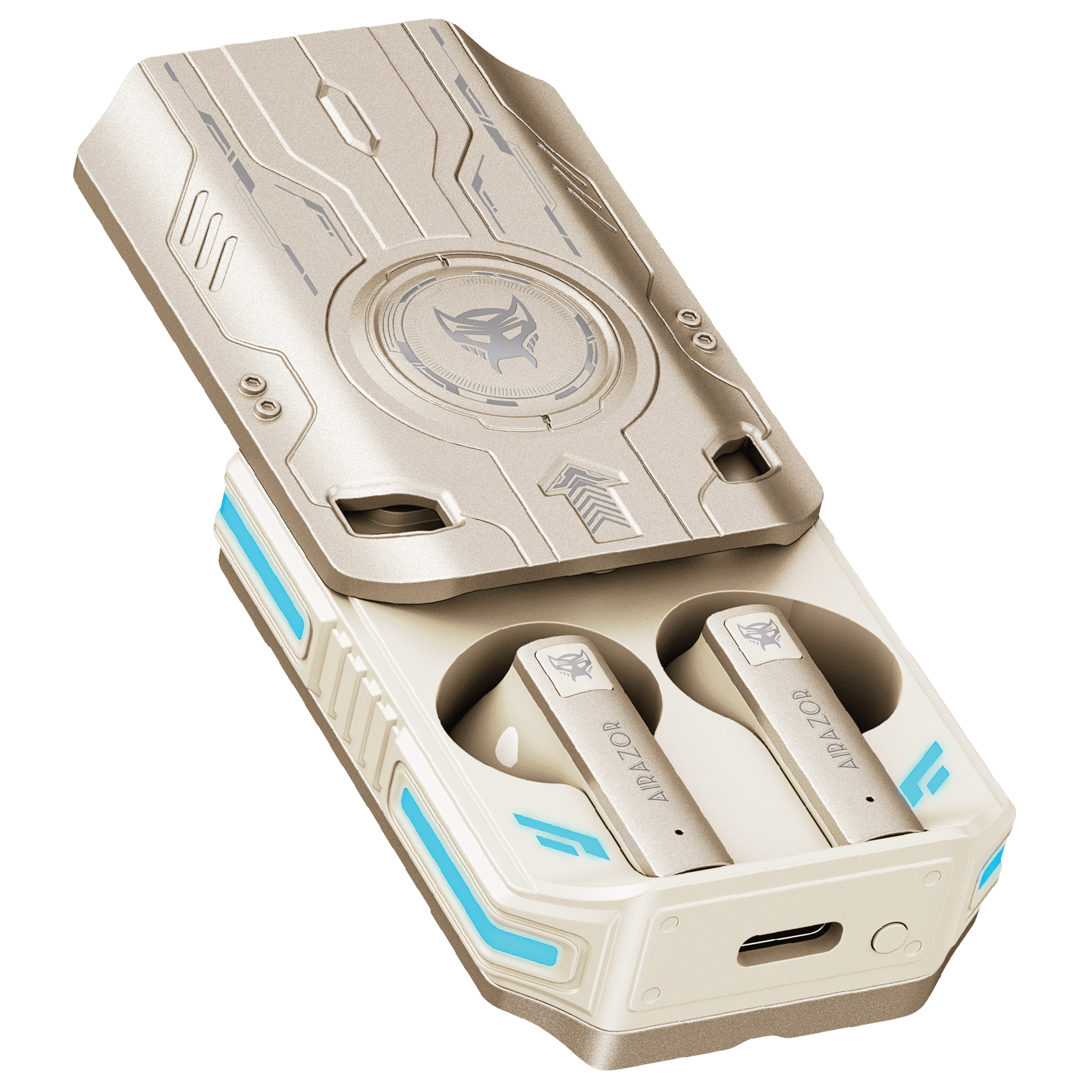 Transformers TF-T76 True Wireless Bluetooth 6.0 Earbuds with Mic, Mecha Zinc Alloy Armor Case, Low-Latency Game/Music Modes, Hi-Fi 13mm Drivers, HD Calling, 40H Total Playtime – Airazor Beige
