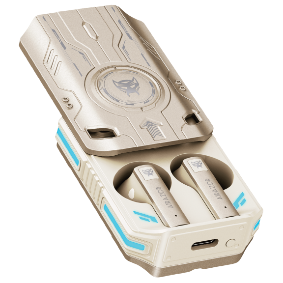 Transformers TF-T76 True Wireless Bluetooth 6.0 Earbuds with Mic, Mecha Zinc Alloy Armor Case, Low-Latency Game/Music Modes, Hi-Fi 13mm Drivers, HD Calling, 40H Total Playtime – Airazor Beige