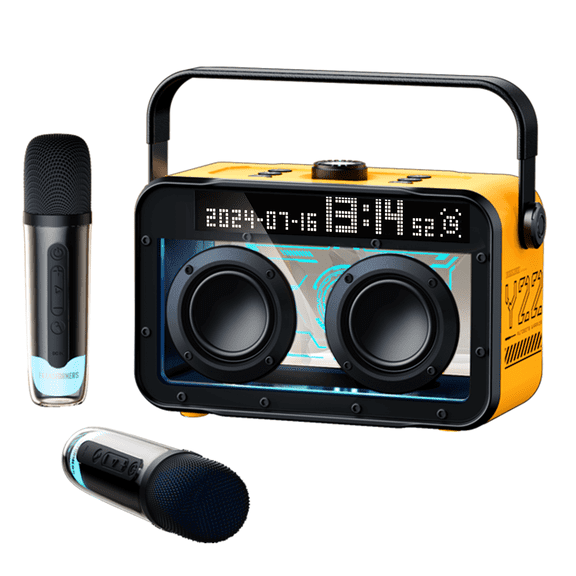 Transformers TF-Y22 Karaoke Party Bluetooth Speaker Portable Wireless 15W Rechargeable with Dual Wireless Microphones, LED Display, Voice Changer, USB/TF Support & Clock Function Bumblebee Yellow