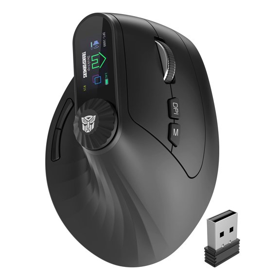 Transformers Vertical Ergonomic Mouse with LED Screen & Knob Control, Rechargeable Vertical Mouse Wireless, 3-Device Connectivity (2.4G + Dual Bluetooth), Quiet Clicks, Computer Mice for PC/Mac/Lapto
