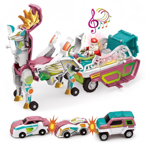 Colorfish Transforming Cars – 3 in 1 Collision Toy Cars Turns into Reindeer Carriage with LED Lights, Cool Robots Car Toys for Kids Birthday Gift for Boys and Girls 3-10 Years Old