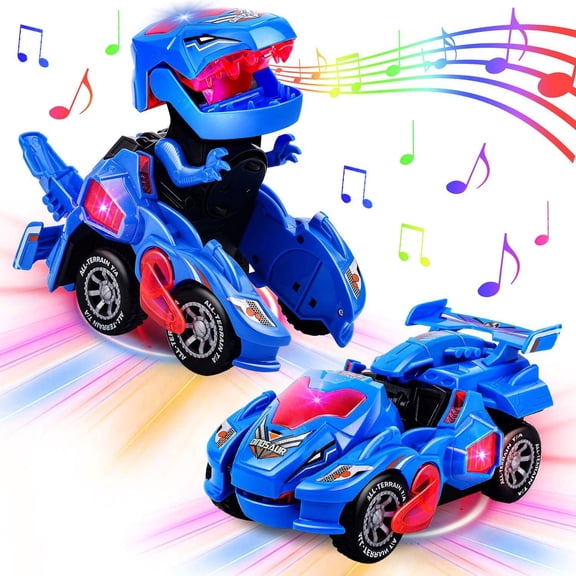 Transforming Dinosaur Car Toys with LED Light Music Automatic Deformation Dino Race Car Toys for Kids Boy Girls Toddlers 3 Year Old and Up Birthday Holiday Toy Gifts