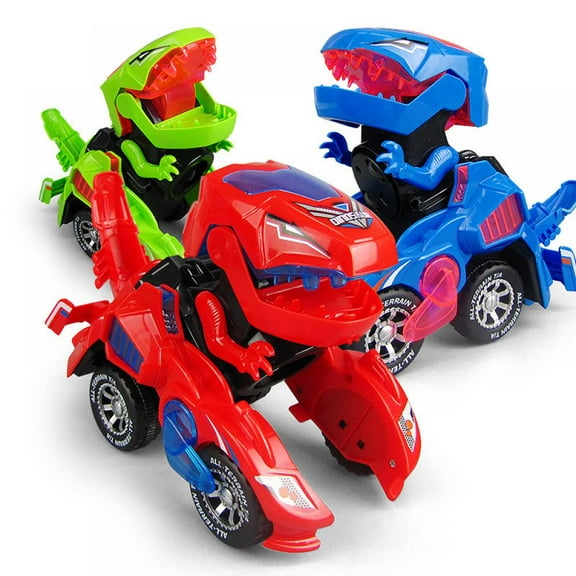 Transforming Dinosaur Car Toys, Transforming Dinosaur LED Car with Light and Music, 2 in 1 Automatic Dinosaur Transform Car Toy, Dinosaur Transformer Toy for Kids (Red)