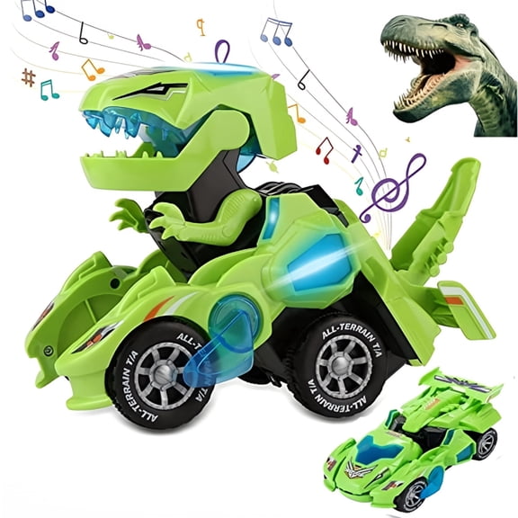 Toy Cars for Boys 3-6 Year Old Girls with LED Light and Music, Automatic Transforming Dinosaur Car Toys Birthday Gifts for Kids Toddlers, Green
