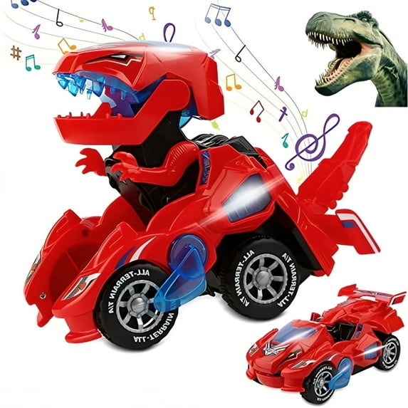 Toy Cars for Boys 3-6 Year Old Girls with LED Light and Music, Automatic Transforming Dinosaur Car Toys Birthday Gifts for Kids Toddlers, Red
