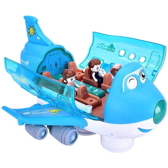 Transforming Electric Airplane Model with 360 Degree Rotation Lights and Sound 3D Cabin Passengers Design Aviation Discovery Toy for Creative Play Blue