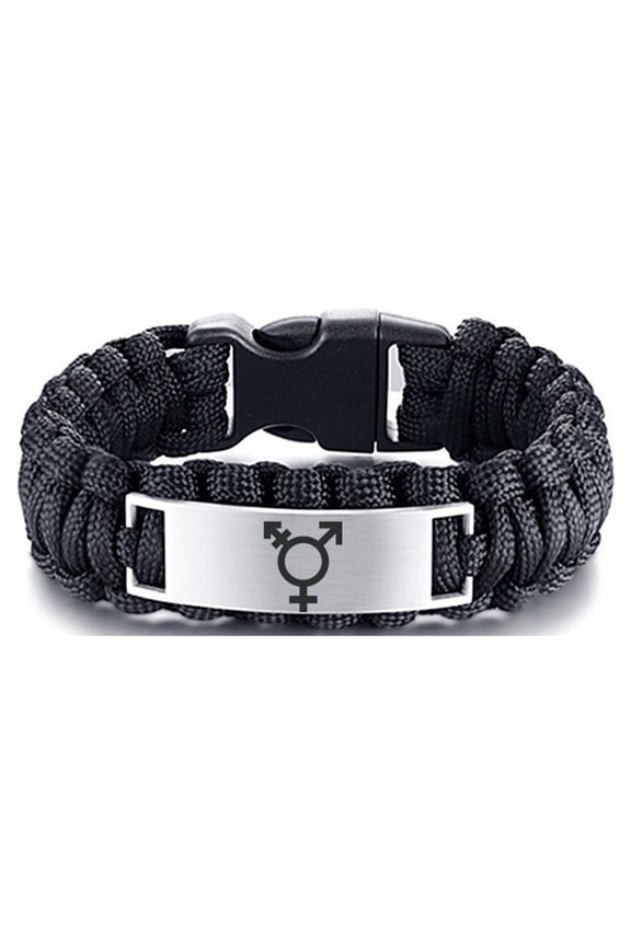 Transgender Awareness Bracelet - Trans Pride Support Braided Paracord Cuff Bangle Non Binary Identity Trans Symbol Jewelry Unisex, 9 inches, Black
