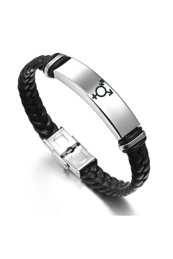 Transgender Black Leather Bracelet with Buckle Transgender Pride Symbol Stainless Steel ID Bangle LGBTQ Non-binary Jewelry, 8.26 Inches, Black