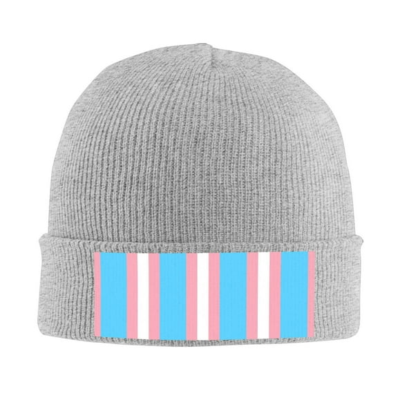Transgender Flag Winter Beanie Hats for Men Women Warm Cozy Knitted Cuffed Skull Cap Gray