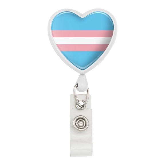 Transgender Trans Pride Flag Original Blue Pink White Heart Lanyard Retractable Reel Badge ID Card Holder - White