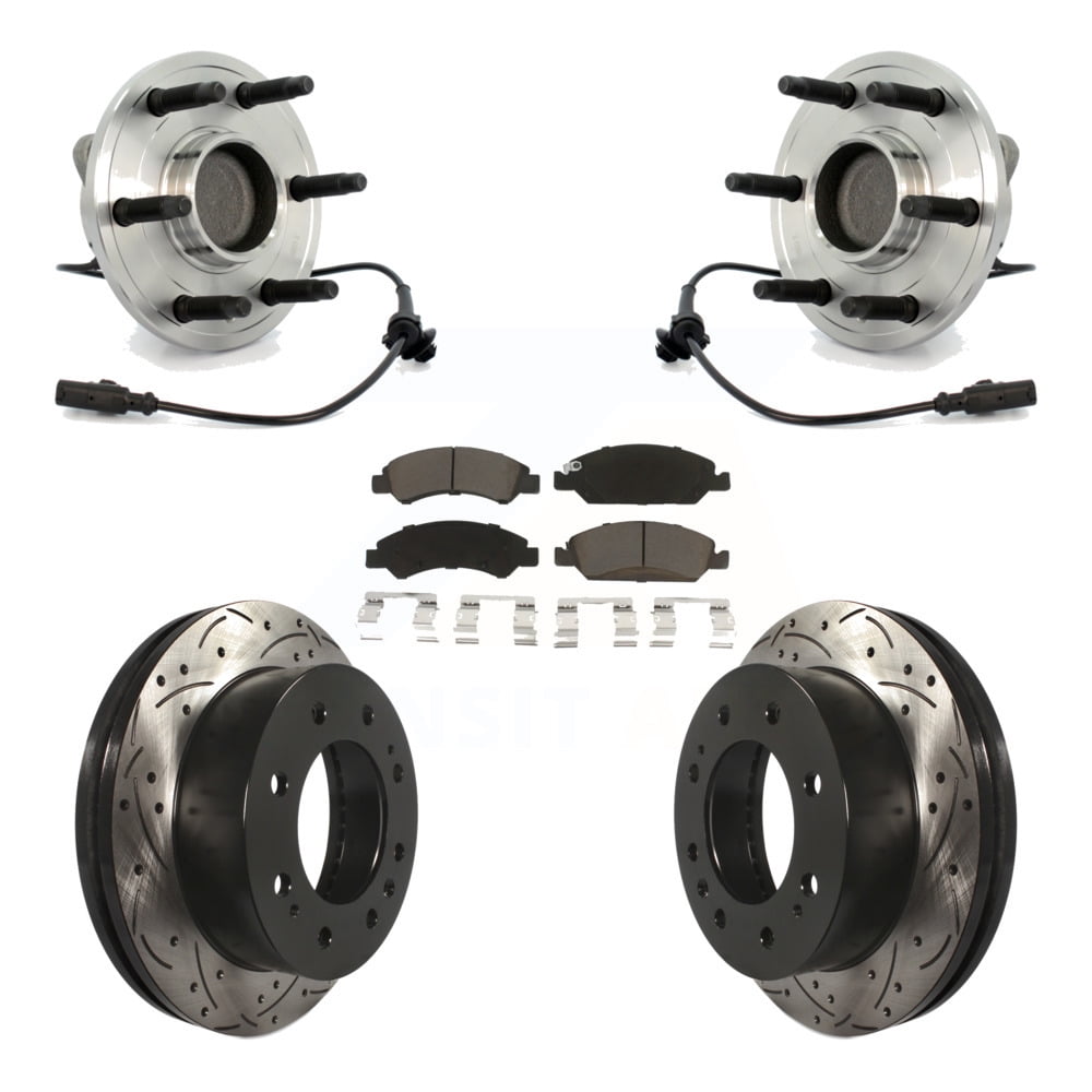 Transit Auto Front Hub Bearing Assembly Coated Drilled Slotted Disc Brake Rotors and Ceramic Pads Kit for Car 2011 Chevrolet Silverado 1500 Hybrid with RWD KBB-120329