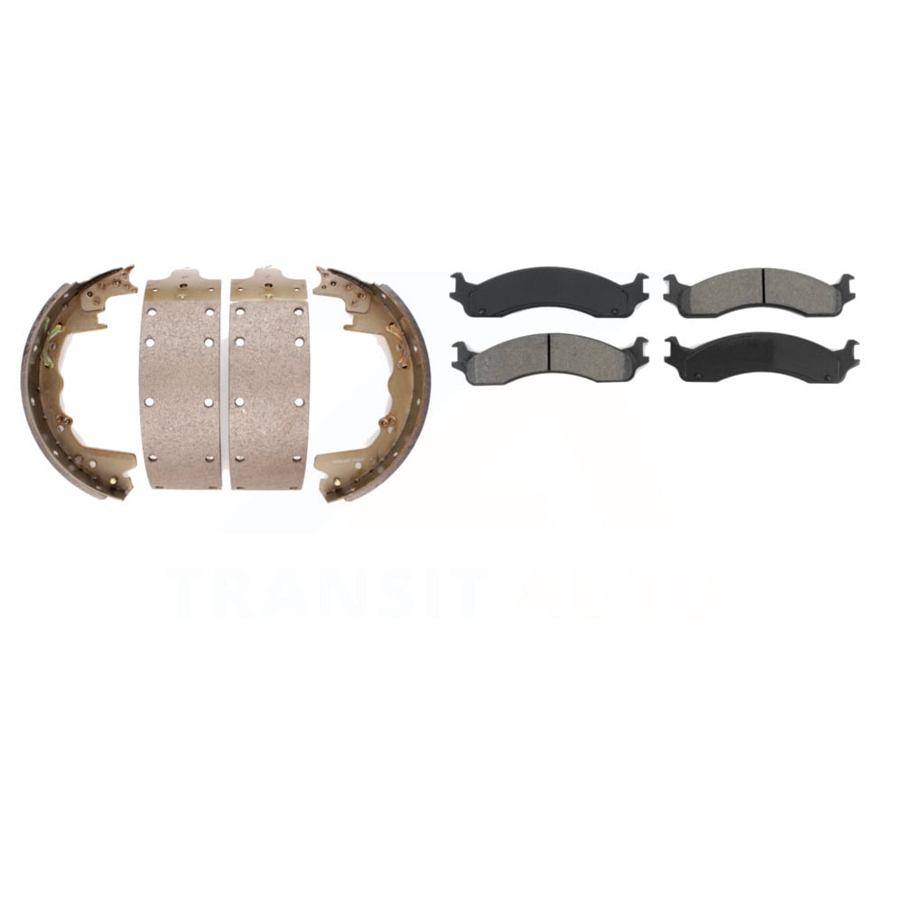 Transit Auto Front Rear Semi-Metallic Brake Pads and Drum Shoes Kit for Car Dodge Ford Ram 2500 F-350 3500 E-350 Econoline Club Wagon Van B3500 B2500 KSN-100157