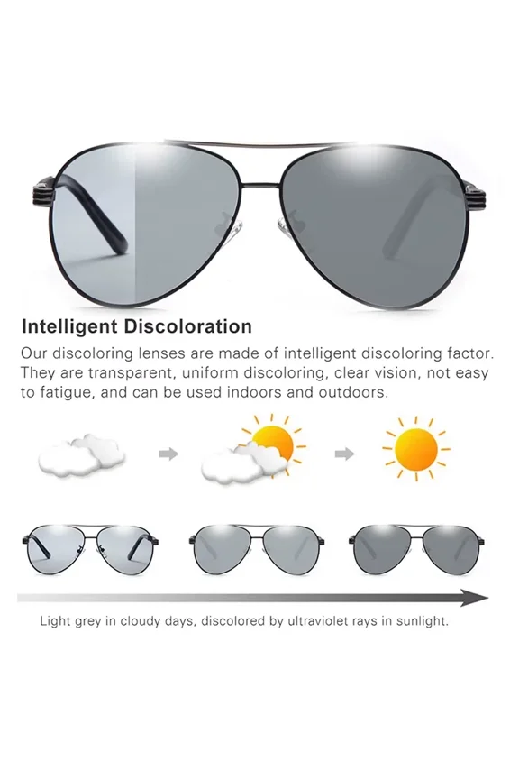 Transition Aviator Polarized Men's Sunglasses Photochromic Metal Frame Eyewear