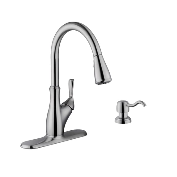 Transitional 1-Handle Pull-Down Kitchen Faucet with Dispenser in Brushed Nickel