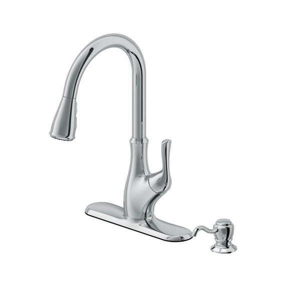 Transitional 1-Handle Pull-Down Kitchen Faucet with Dispenser in Chrome