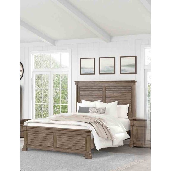 Transitional 1pc Queen Size Bed Shutter Design Headboard FB Bedroom Furniture Weathered Gray