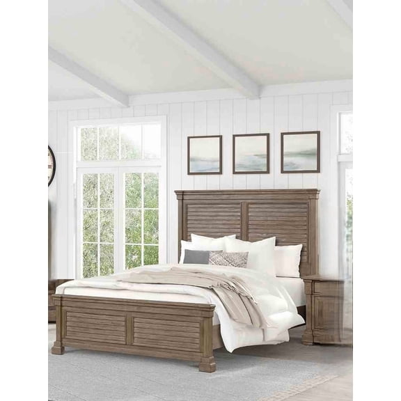 Transitional 1pc Queen Size Bed Shutter Design Headboard FB Bedroom Furniture Weathered Gray